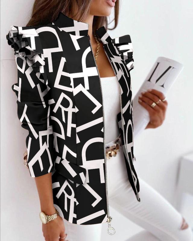 Damen nan Leo-Blouson mit Volantärmeln, Stehkragen und Zipper-Front Echo Archiv