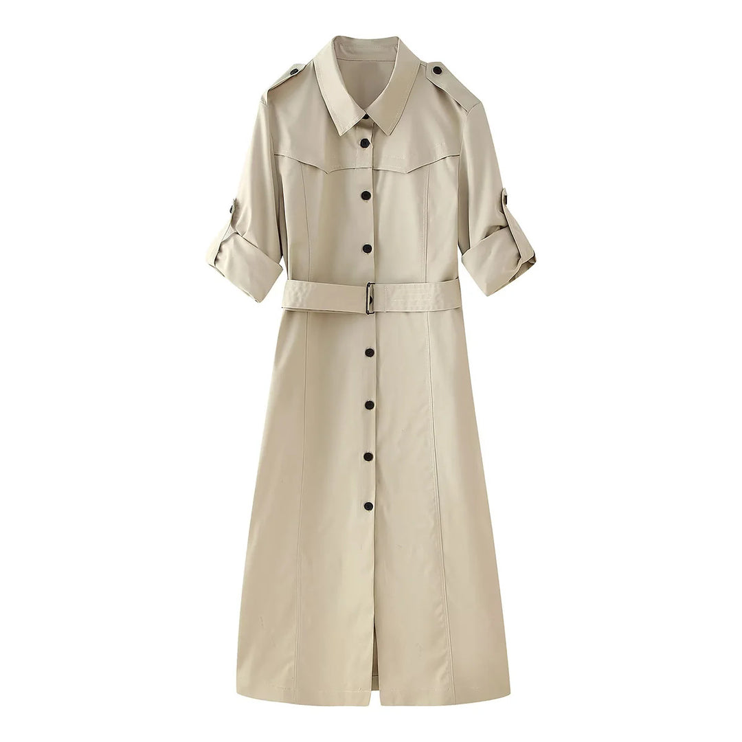 Damen nan langer taillierter Trenchcoat mit Taillengürtel Schulterklappen und durchgehender Knopfleiste Echo Archiv