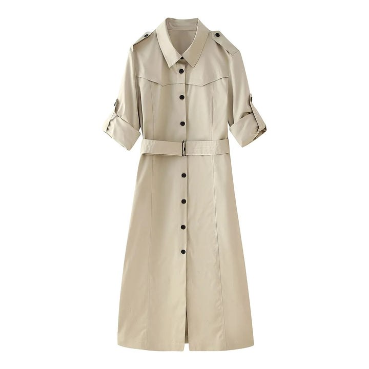 Damen nan langer taillierter Trenchcoat mit Taillengürtel Schulterklappen und durchgehender Knopfleiste Echo Archiv