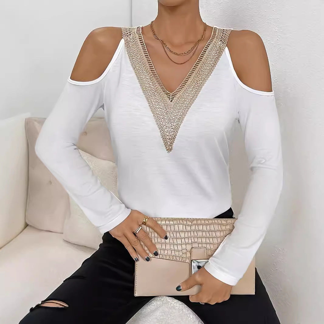 Damen nan Langarmshirt mit offenen Schultern und gehäkeltem V-Spitzenbesatz Echo Archiv