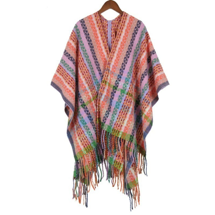 Damen Mehrfarbiger Web‑Poncho im Boho‑Patchwork‑Design mit Fransen Echo Archiv