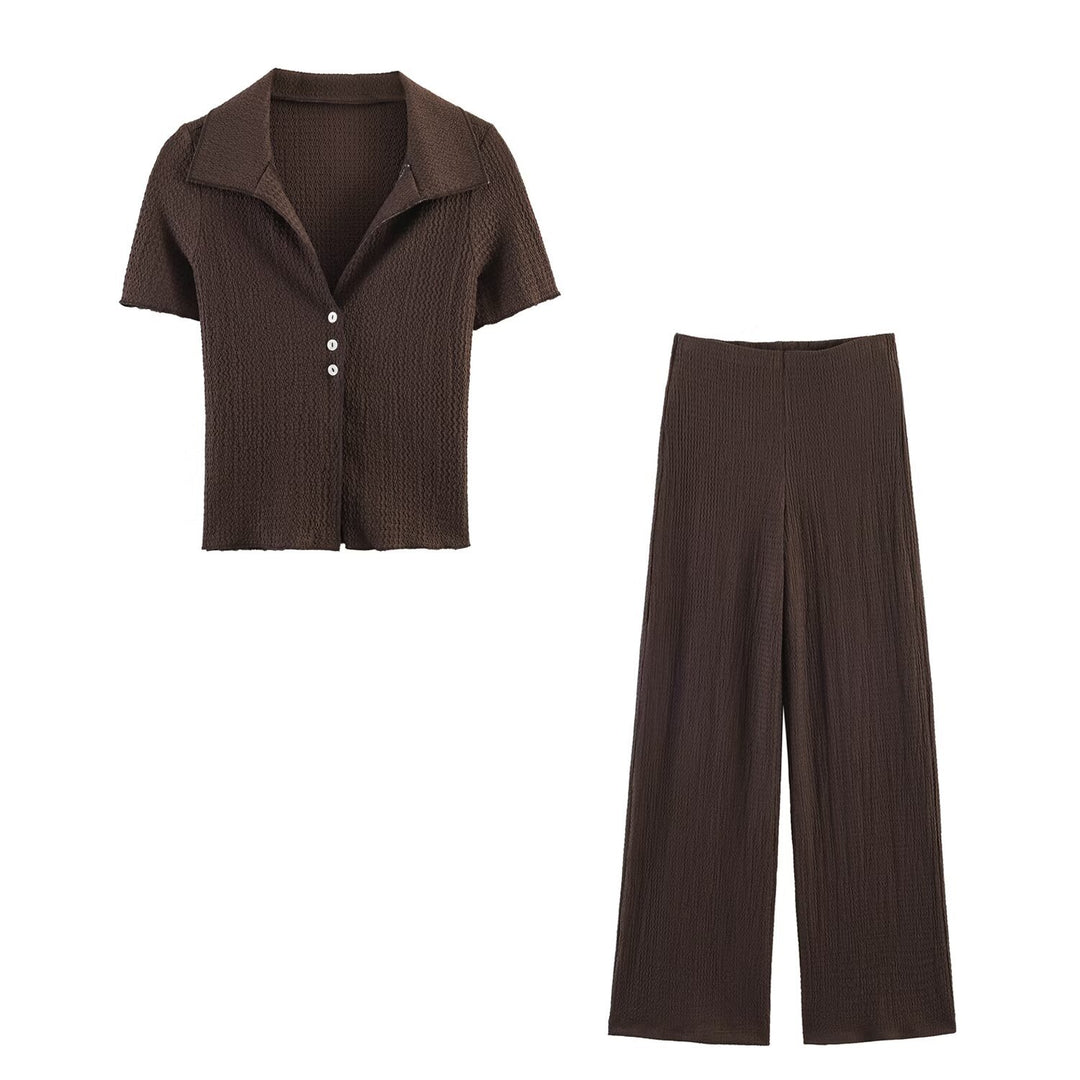 Damen Zweiteiliges Feinstrick-Set mit Kurzarm-Polokragen-Top und High‑Waist Weitbein‑Hose Echo Archiv