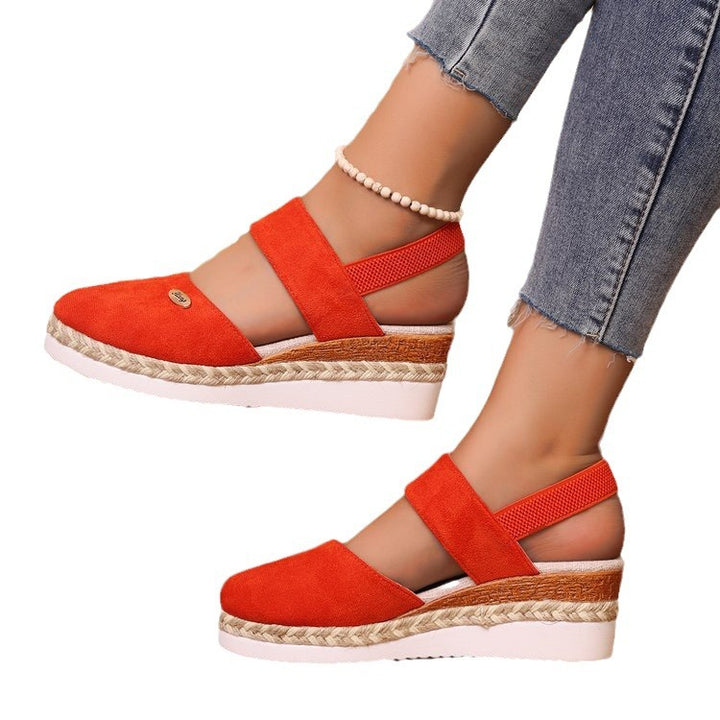 Damen  Espadrille-Keilpantoletten mit elastischem Fersenriemen, Veloursoptik-Obermaterial und geflochtenem Jute-Plateau Echo Archiv