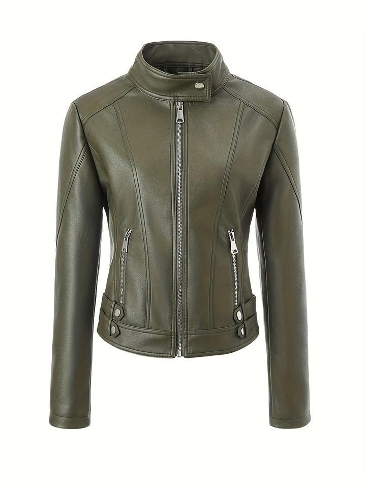 Damen Modische Kunstlederjacke mit Reißverschluss und seitlichen Taschen – Célinea