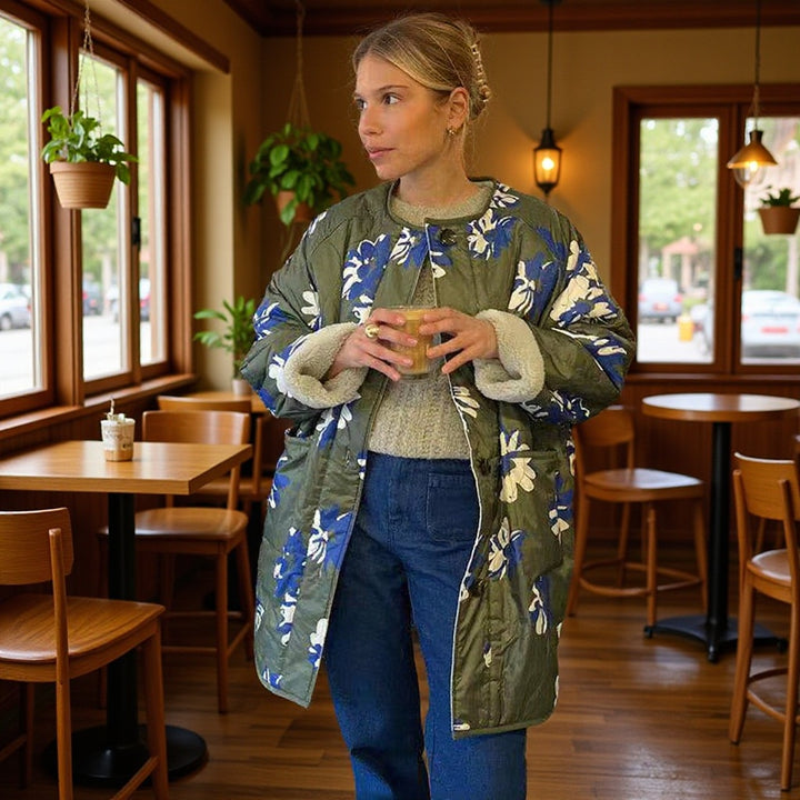 Damen Gepolsterter Steppmantel mit floralem Allover-Print und Teddy-Futter Echo Archiv