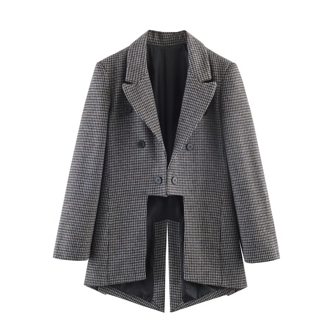 Damen Doppelreihiger Hahnentritt-Blazer mit Cutaway-Saum und Gehschlitz Echo Archiv