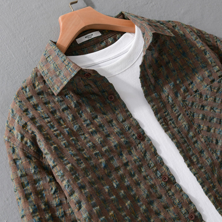 Herren Leichtes Crinkle-Karo-Overshirt aus Baumwollmix mit aufgesetzter Brusttasche Echoarchiv