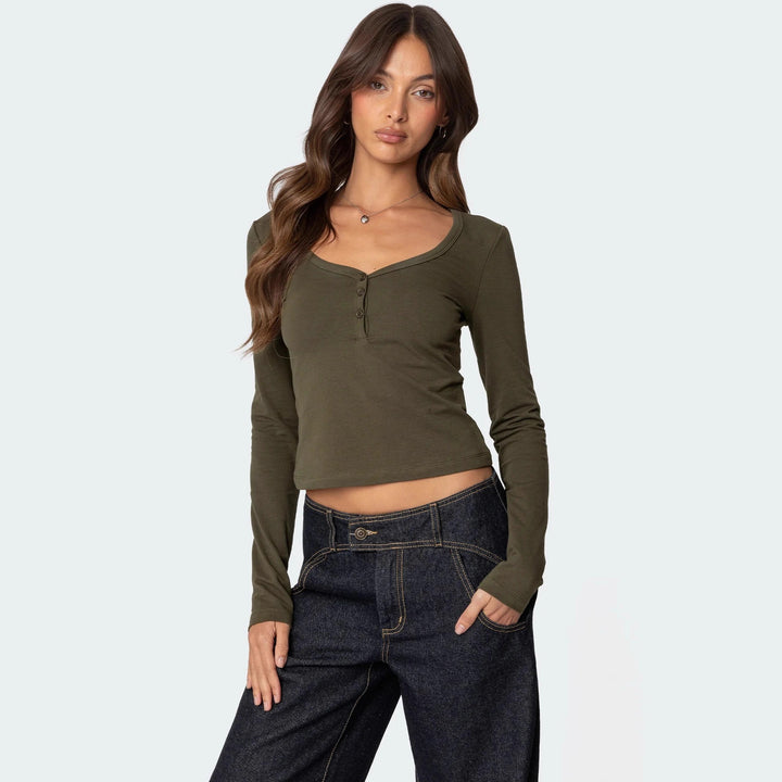 Damen Cropped Langarmhemd mit Knopfleiste und weichem Stoff Echo Archiv