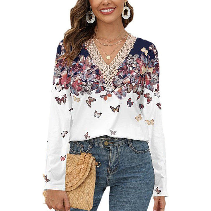 Damen Langarm-Bluse mit gehäkeltem V-Ausschnitt, Schmetterlings-Print & leichtem Fall – Avérine