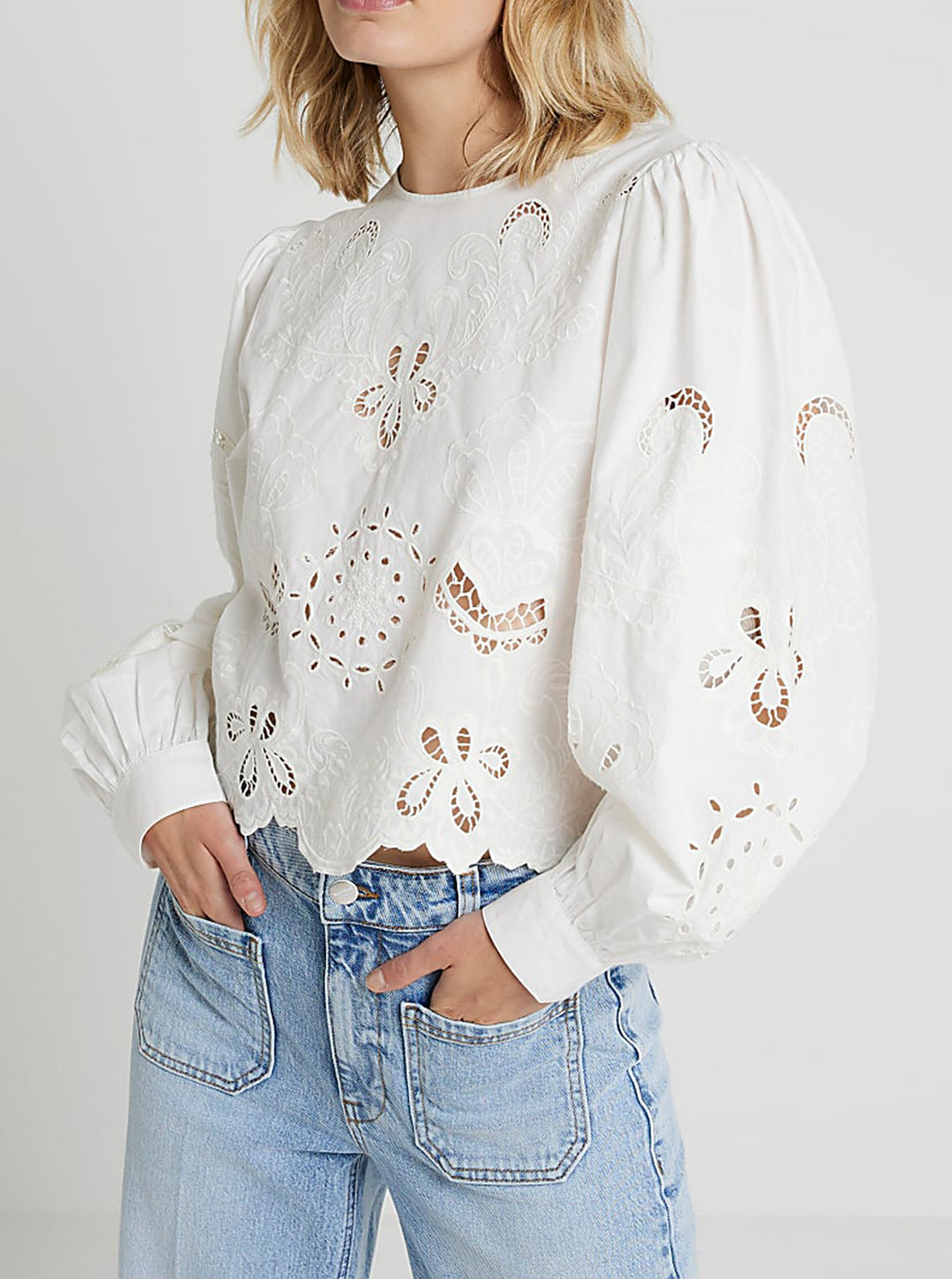 Damen Baumwollbluse mit Broderie Anglaise und Ballonärmeln – Avérine