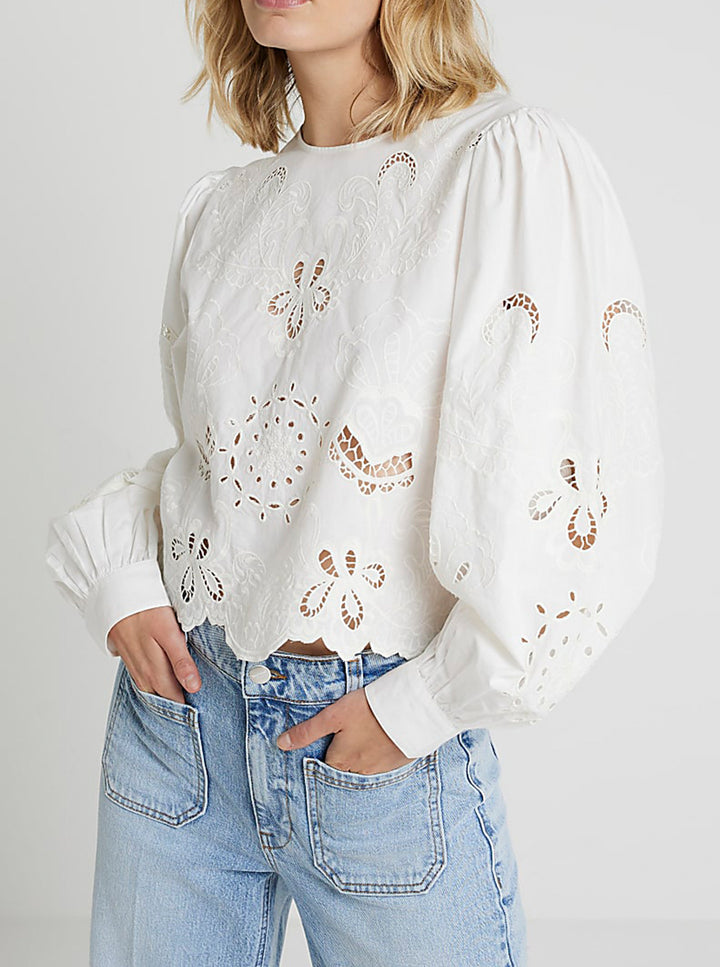 Damen Baumwollbluse mit Broderie Anglaise und Ballonärmeln – Avérine