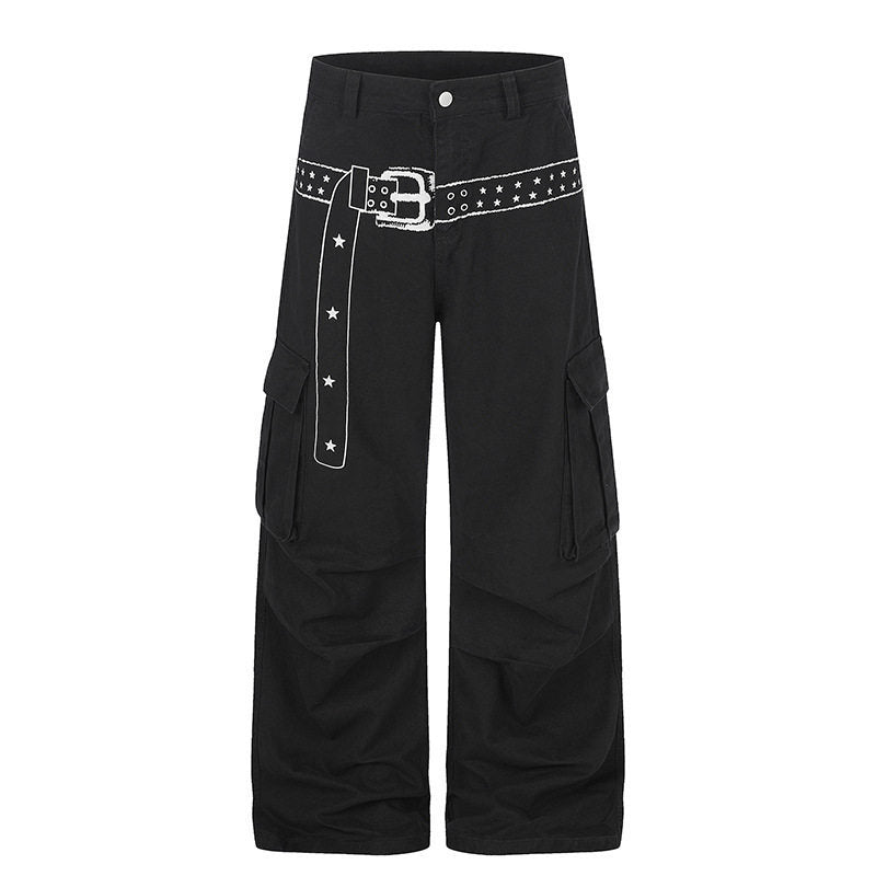 Damen Cargo-Palazzo-Hose aus Baumwollmix mit weitem Bein, aufgesetzten Klappentaschen und Gürtelprint Echoarchiv