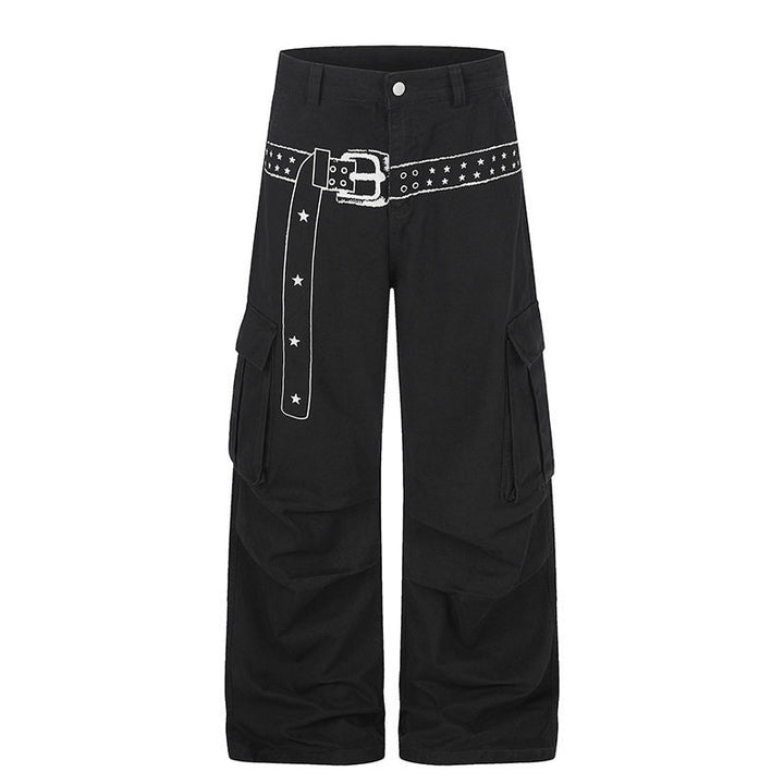 Damen Cargo-Palazzo-Hose aus Baumwollmix mit weitem Bein, aufgesetzten Klappentaschen und Gürtelprint Echoarchiv
