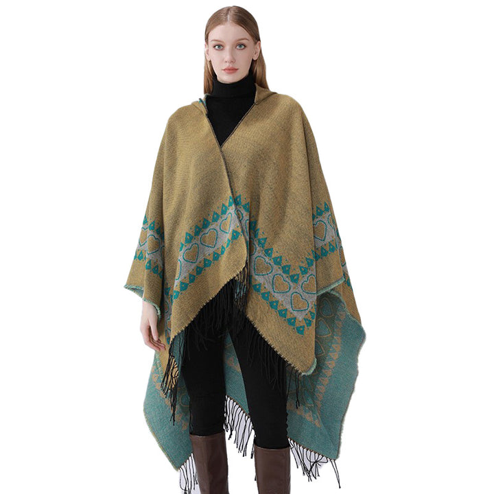 Damen Kapuzen-Capeponcho aus Wollmix mit Herz-Jacquard und Fransensaum – Célinea