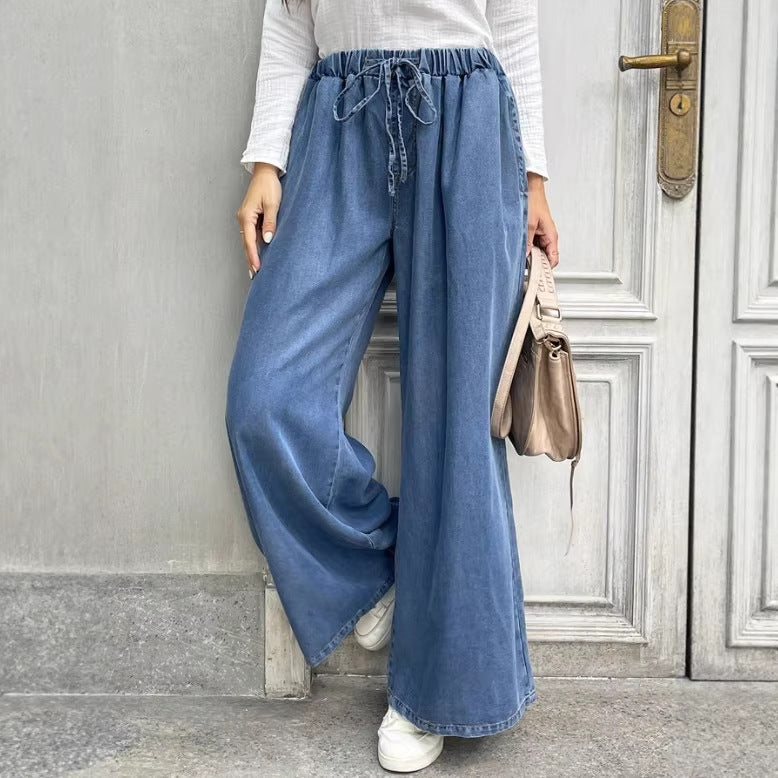 Damen Relaxte Palazzohose aus Denim mit Tunnelzugbund, Eingrifftaschen und extra weitem Bein Echo Archiv