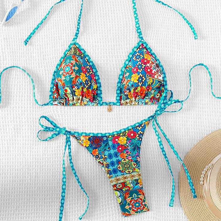 Damen Triangel-Bikini mit buntem floralen Muster und verstellbaren Bändern Echo Archiv