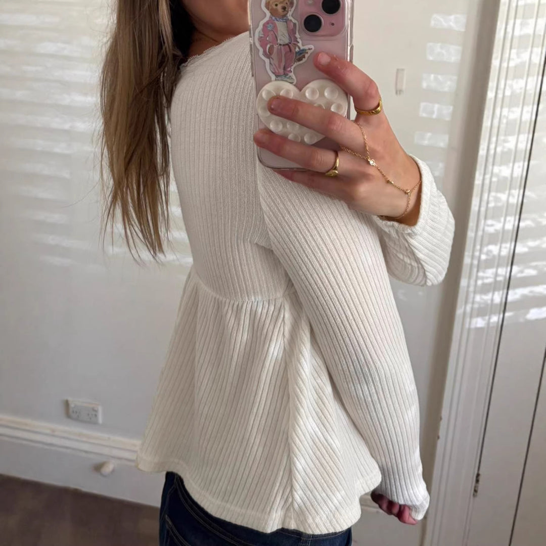 Damen Langärmeliges Babydoll-Top aus Rippjersey mit U-Boot-Ausschnitt und Knopfleiste – Orélia
