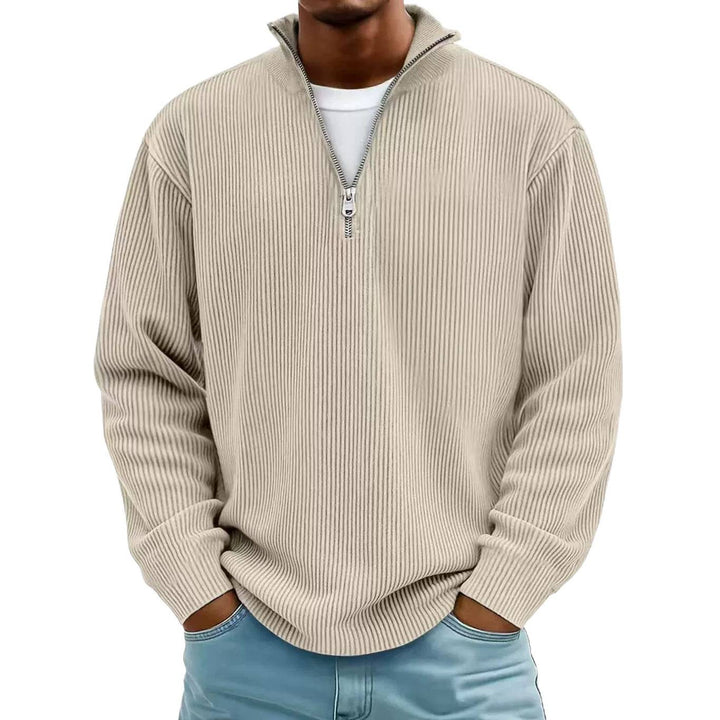 Herren Gerippter Halbzip-Strickpullover mit Stehkragen und lockerer Passform Echoarchiv