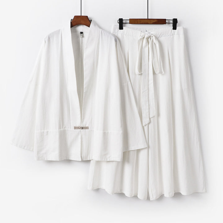 Damen Zen-inspiriertes Kimono-Set aus fließender Viskose mit kurzer Jacke und weiter Culotte-Hose Echoarchiv
