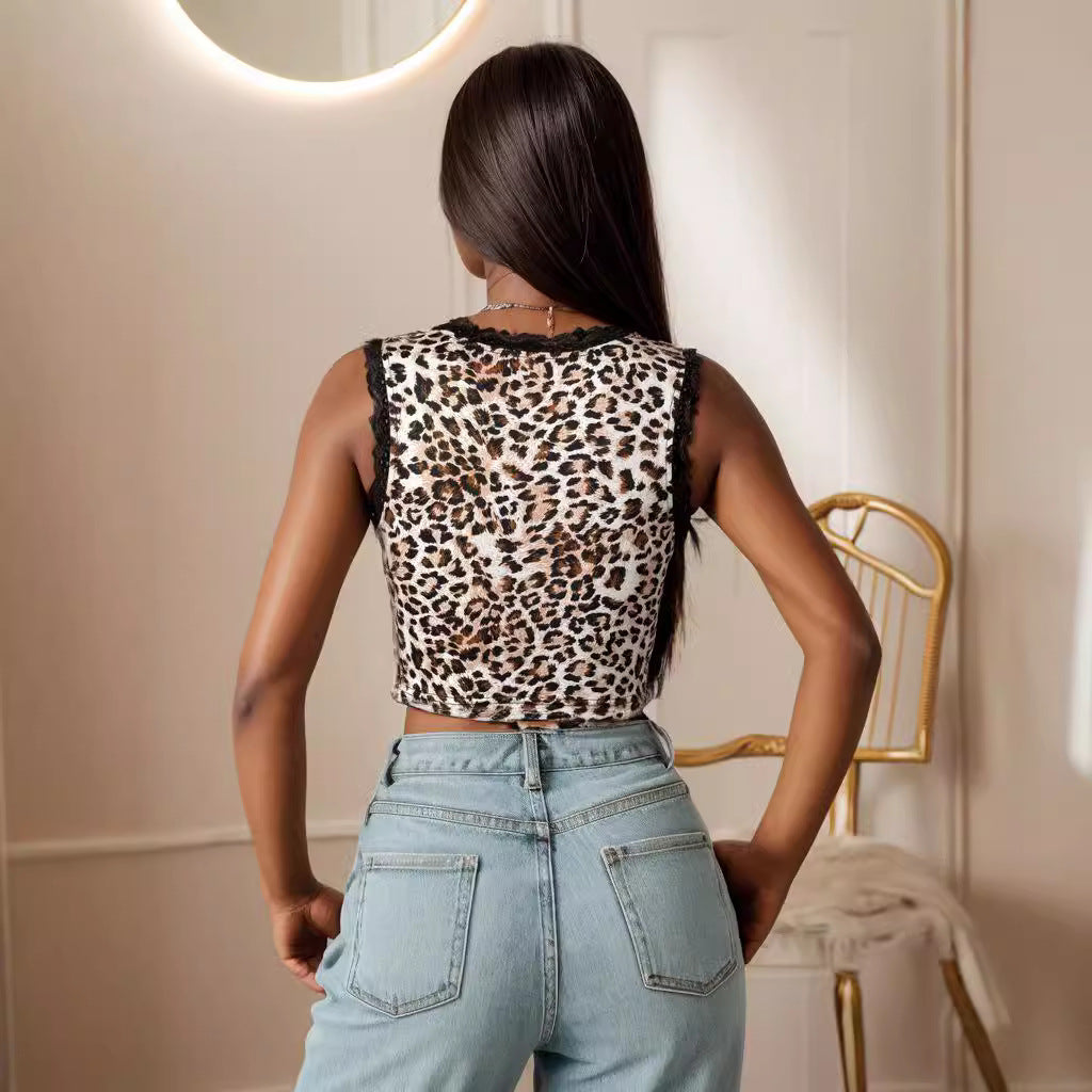 Damen Sexy Animal-Print Oberteil mit Spitzenakzenten und Schleifenbindung Echo Archiv