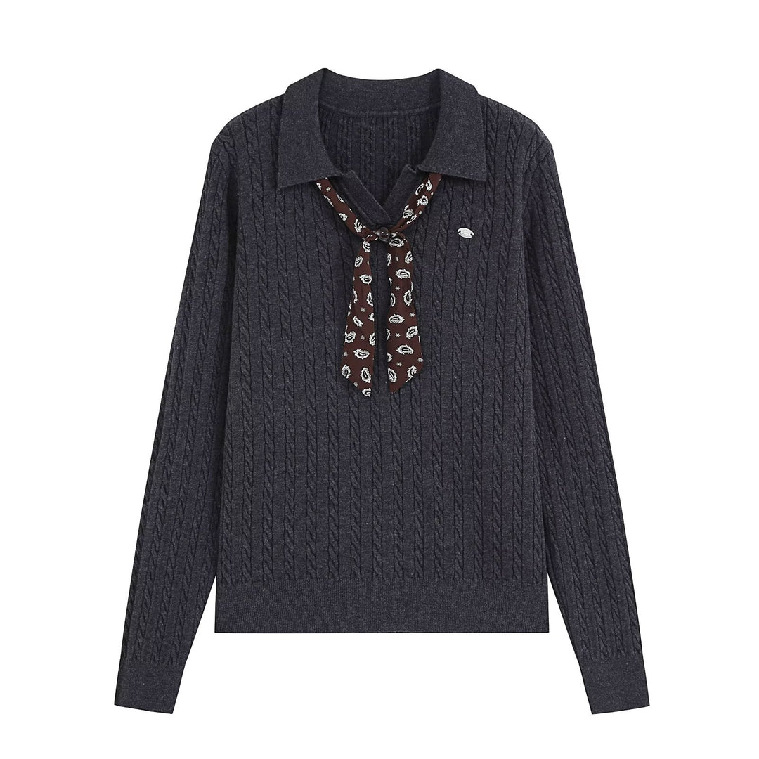 Damen Strickpullover mit Troyer‑Kragen und Zierkrawatte Echoarchiv