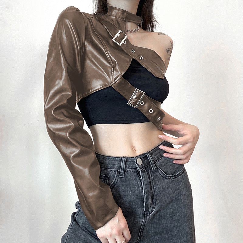 Damenmode-Oberteil aus Kunstleder mit asymmetrischem Design Echo Archiv