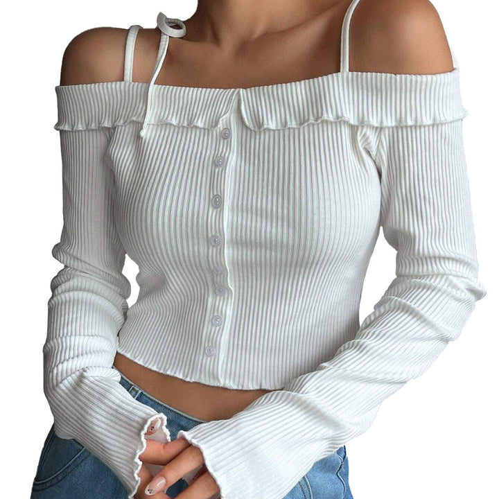 Damen geripptes schulterfreies Langarm-Cropped-Top mit Knopfleiste und Rüschensaum – Avérine