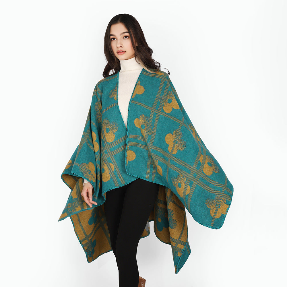 Damen Grobgewebter Deckenponcho im Ruana‑Schnitt mit floraler Karo‑Jacquard – Avérine