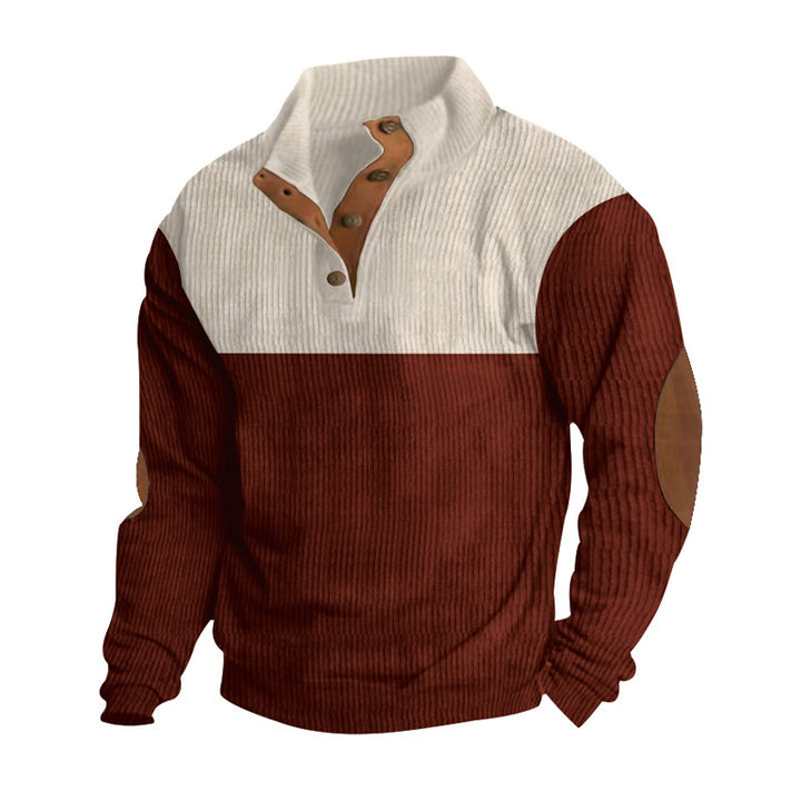 Herren nan grober Rippstrick-Pullover mit Stehkragen, Knopfleiste und markanten Ellenbogenpatches Echo Archiv