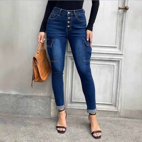 Damen Taillenformende Slim-Cargo-Jeans mit dekorischer Knopfleiste Echo Archiv