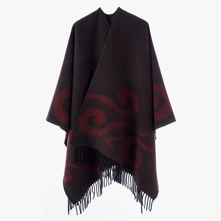 Damen Wollmix-Poncho mit Jacquard‑Wirbelmuster, V-Ausschnitt und Fransen – Avérine