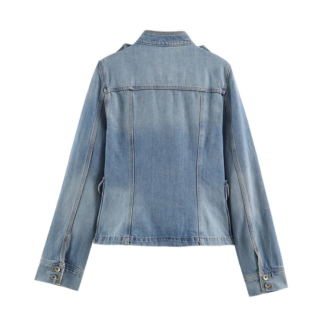 Damen nan leichte Denimjacke mit Stehkragen Schulterklappen und vier Pattentaschen Echo Archiv