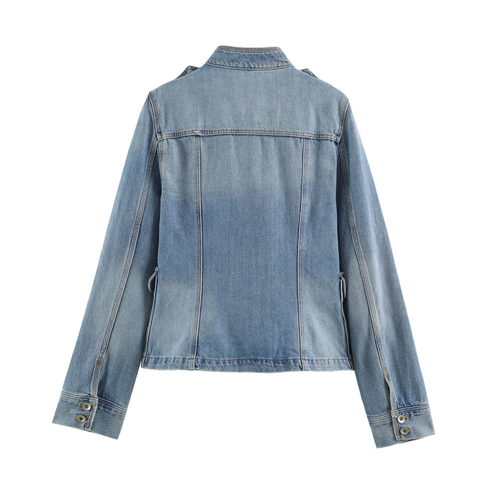 Damen nan leichte Denimjacke mit Stehkragen Schulterklappen und vier Pattentaschen Echo Archiv