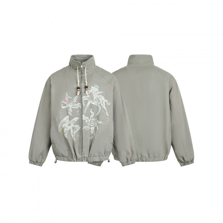 Damen Leichte Bomberjacke aus Baumwollmix mit Stehkragen, Perlenkordel und mystischem Print Echo Archiv