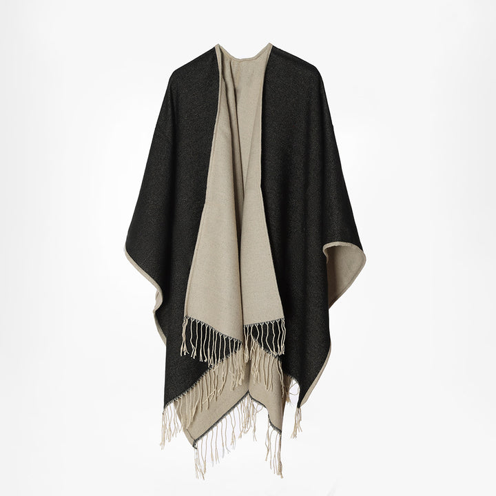 Damen Zweilagiger Oversize-Cape mit Fransen und offenem Wasserfall-Schnitt – Avérine