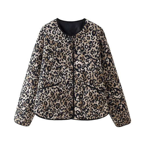 Damen gesteppte Leo-Print Steppjacke mit Rundhalsausschnitt, Druckknopfverschluss und aufgesetzten Taschen – Célinea