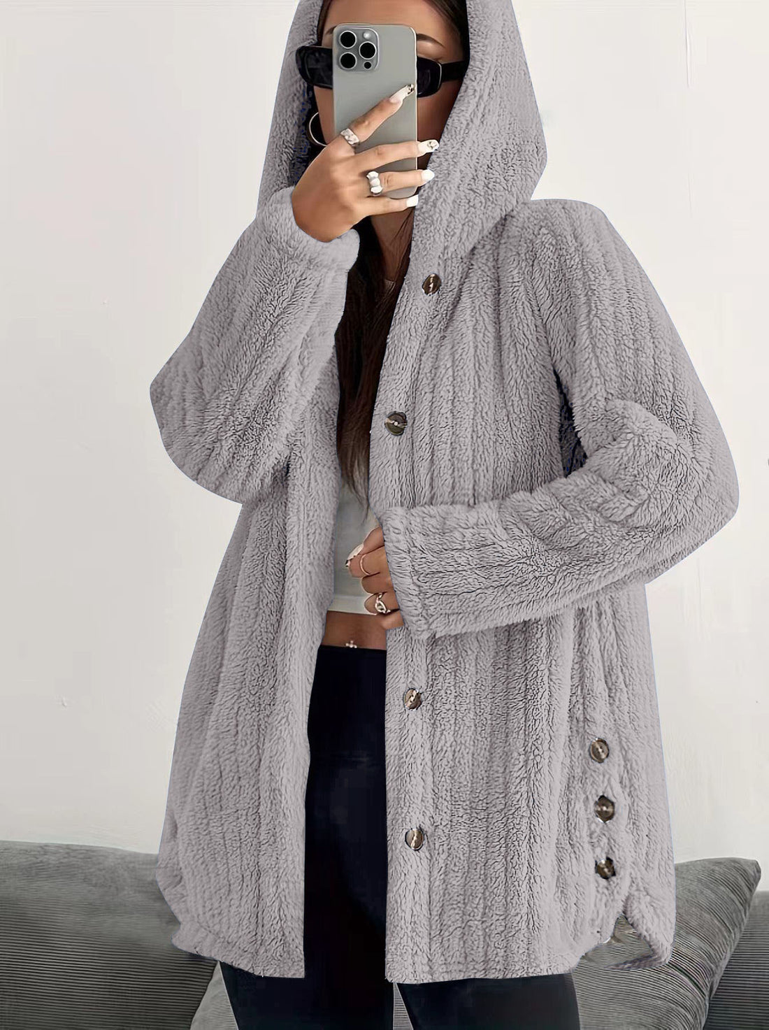 Damen Kapuzen-Teddy-Mantel mit Knopfleiste und Oversize-Schnitt Echo Archiv
