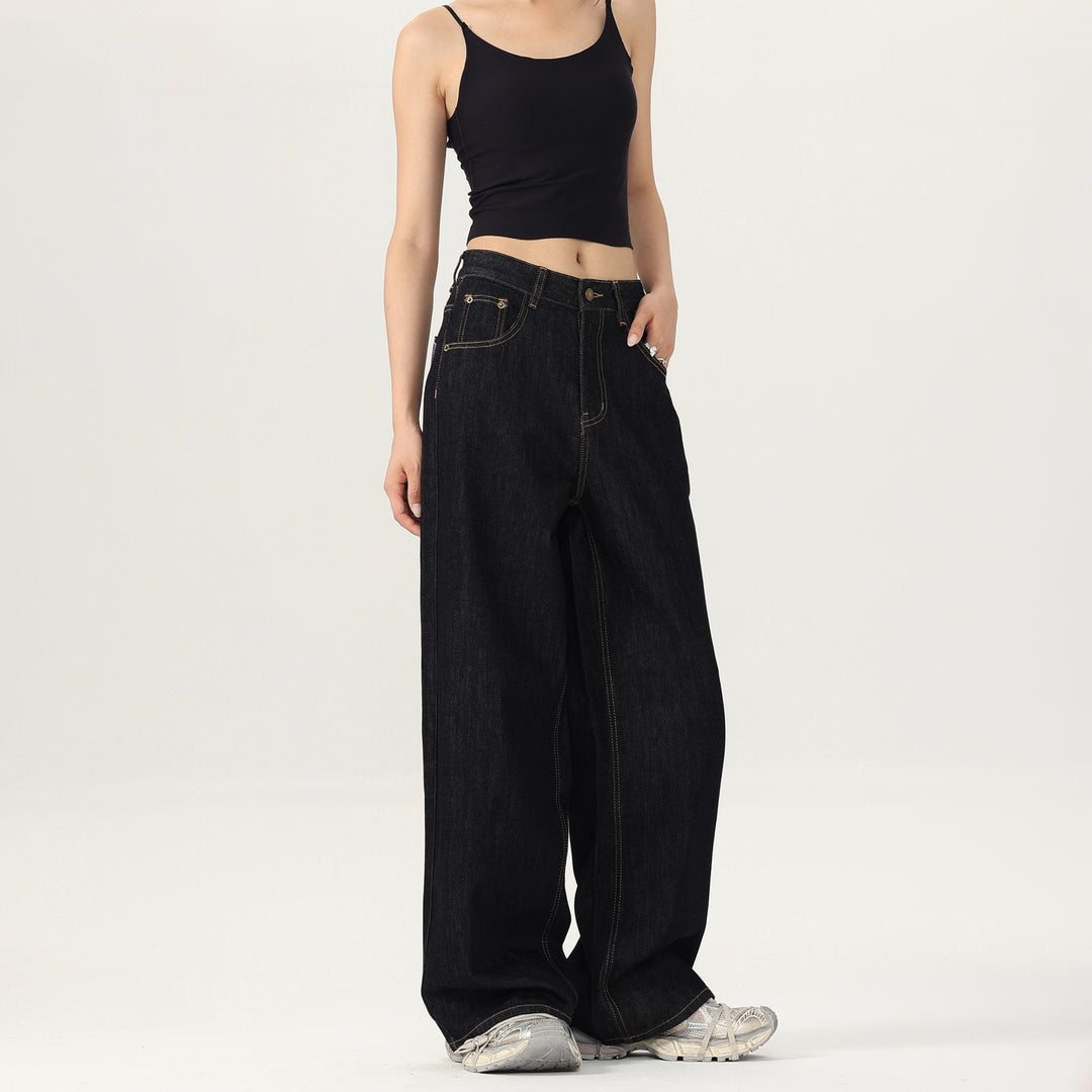 Damen Weite tiefsitzende Baggy-Denimhose im Marlene-Stil mit Kontrastnähten Echo Archiv