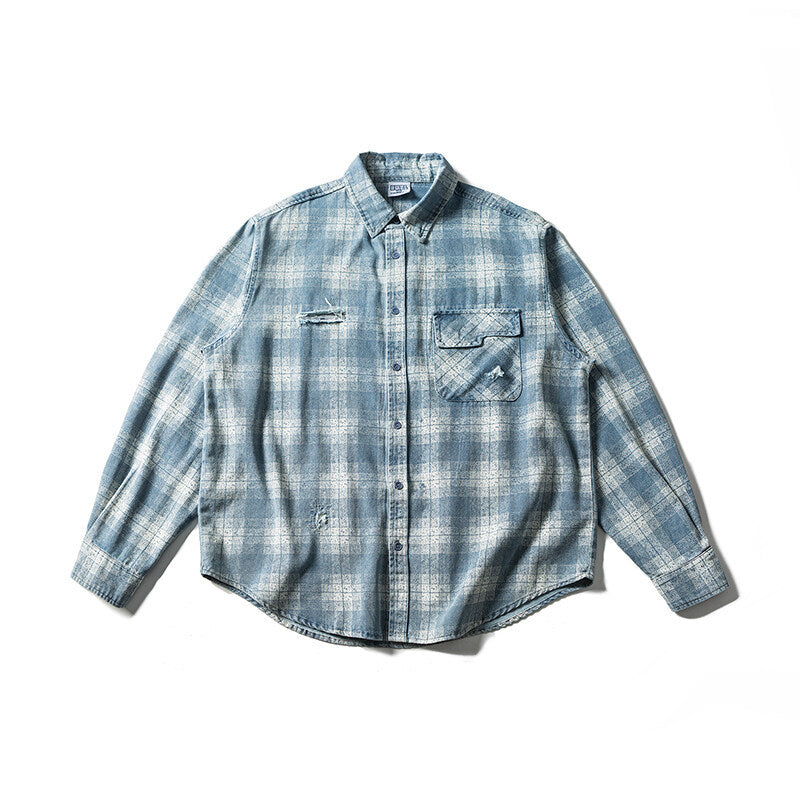 Herren Lockeres Karo-Hemd im Vintage-Denim-Look mit aufgesetzter Brusttasche und Used-Details Echoarchiv