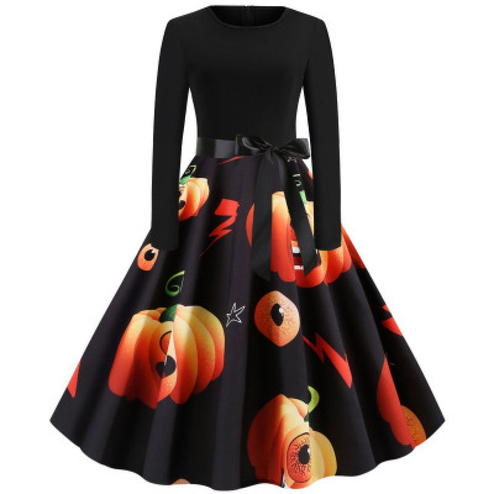 Damen Vintage Swingkleid mit Kürbisprint, langärmlig und taillierter Satinschleife – Élara