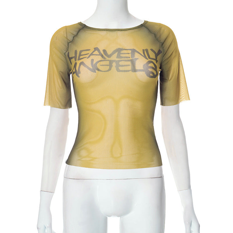 Damen transparentes Kurzarmshirt mit grafischem Schriftzug Echo Archiv