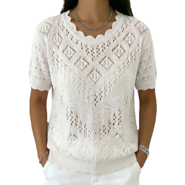 Damen nan kurzärmeliger Spitzenstrickpullover mit Ajourmuster und geschwungenem Ausschnitt Echo Archiv