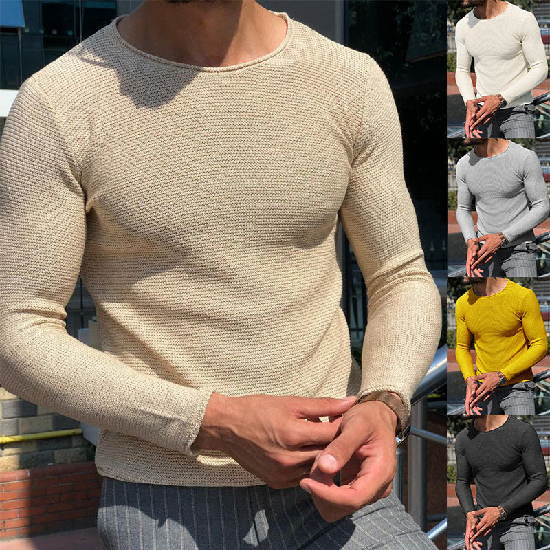 Herren Schmal geschnittener Strukturstrick-Langarmpullover mit Rundhalsausschnitt Echo Archiv