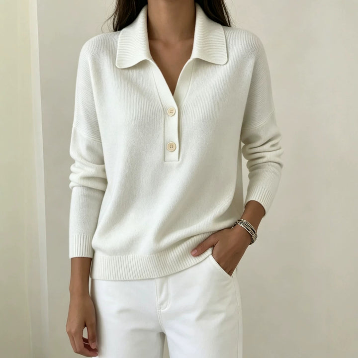 Damen Polokragen-Pullover mit halber Knopfleiste und geripptem Saum – Mavelle