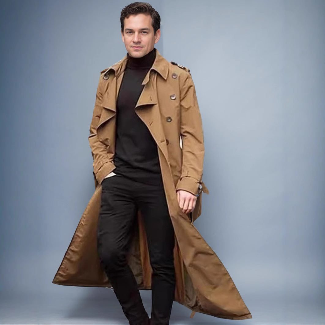 Herren Wasserabweisender Long-Trenchcoat mit doppelter Knopfleiste, Schulterklappen und verstellbarem Taillengürtel Echoarchiv