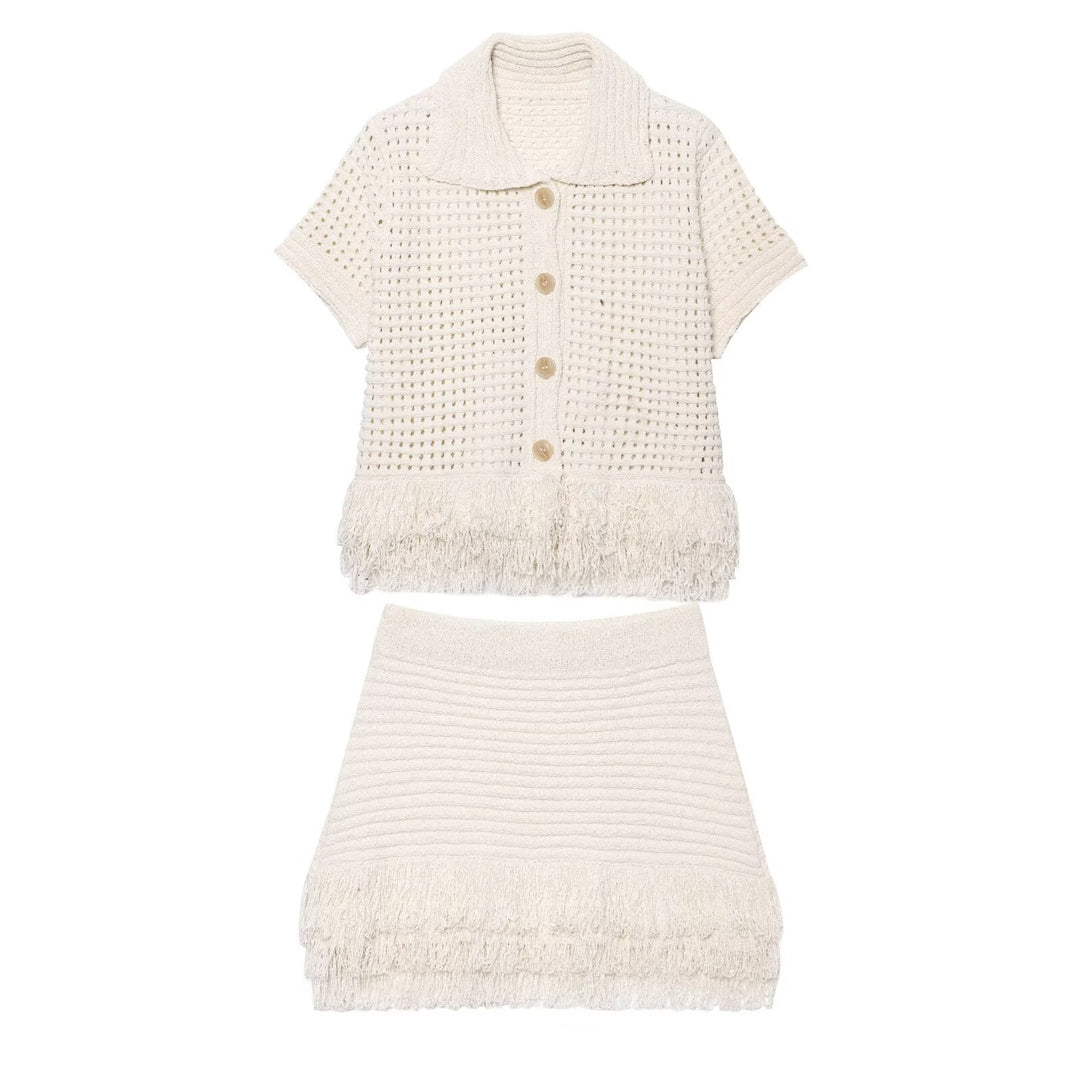 Damen Kurzarm-Strickjacke mit fransigem Saum und dekorativen Knöpfen Echo Archiv
