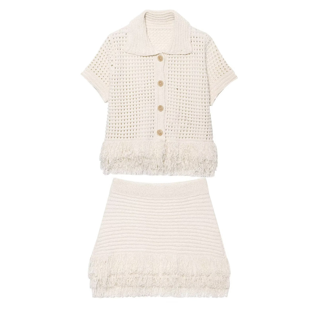 Damen Kurzarm-Strickjacke mit fransigem Saum und dekorativen Knöpfen – Veloura