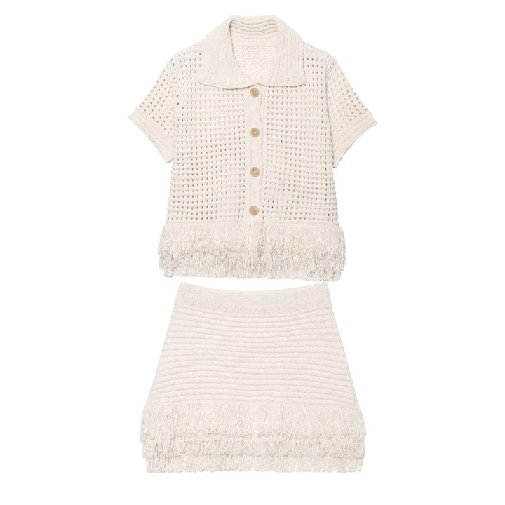 Damen Kurzarm-Strickjacke mit fransigem Saum und dekorativen Knöpfen Echo Archiv