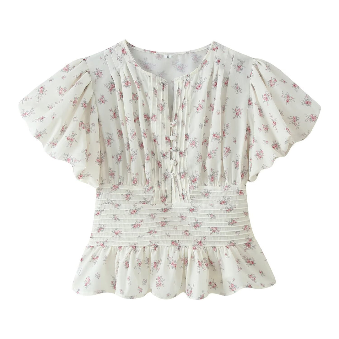 Damen Romantische Bluse mit Puffärmeln, Kellerfalten‑Blende und gesmokter Taille Echo Archiv