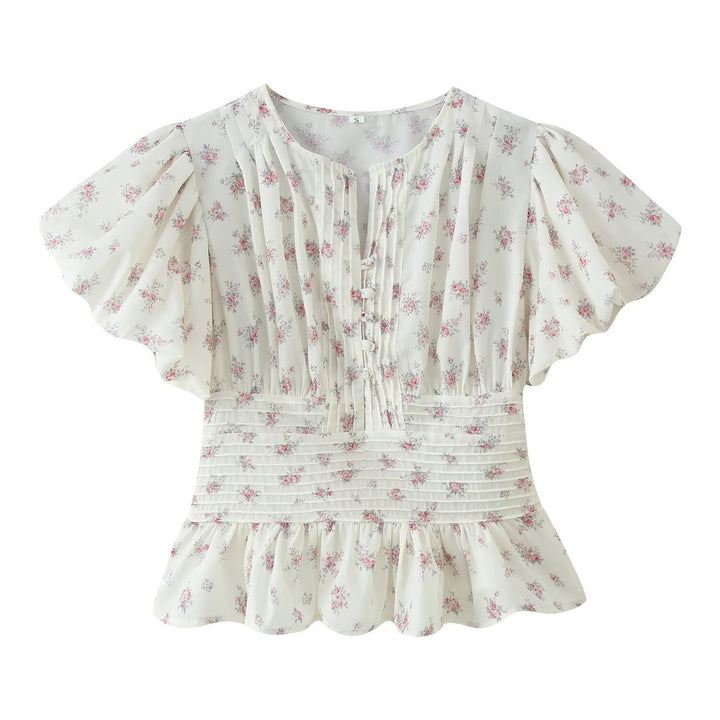 Damen Romantische Bluse mit Puffärmeln, Kellerfalten‑Blende und gesmokter Taille Echo Archiv
